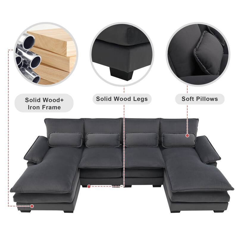 Modern U-Shaped Sectional Sofa with Waist Pillows, 6-seat Upholstered Symmetrical Sofa, Sleeper Sofa Couch with Chaise Lounge