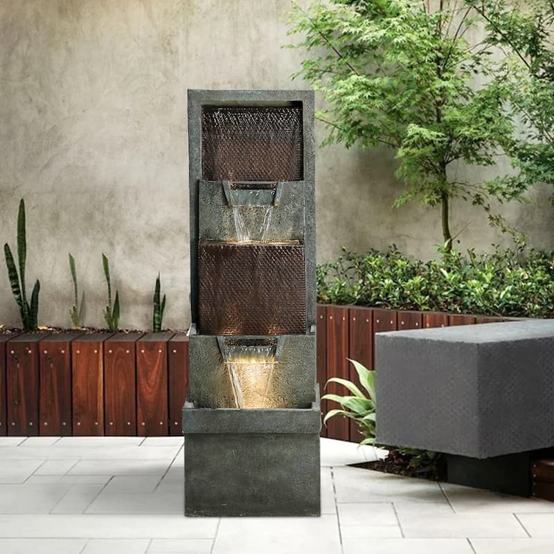 39.3-in High Modern Indoor Outdoor Waterfall Fountain with Lights&Pump - Floor - Polyresin - Brown