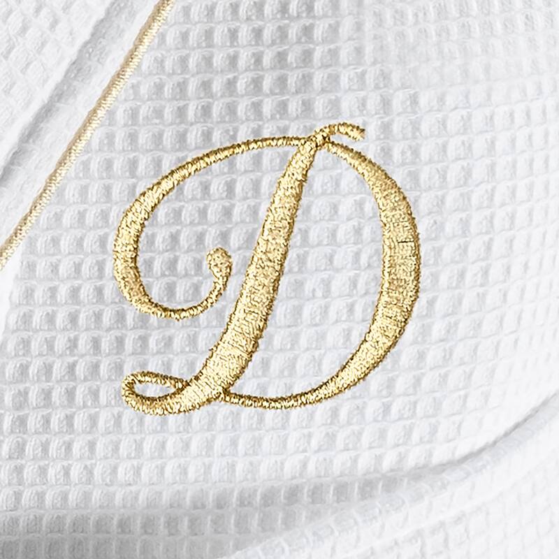 Authentic Hotel and Spa White/Gold Unisex Turkish Cotton Waffle Weave Terry Bath Robe with Gold Script Monogram