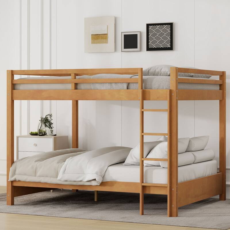 Wood Queen Size Bunk Bed with Ladder and Guardrails, No Box Spring Required