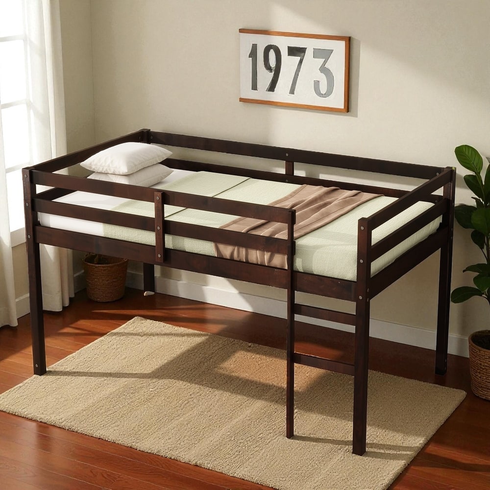 Solid Wood Twin Loft Bed with Ladder, Rubber Wood Frame Low Height Design with Guard Rails and Storage Space