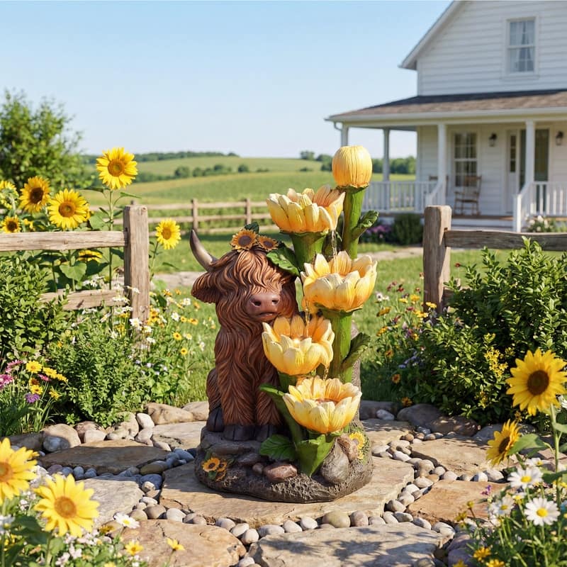 Highland Cow & Sunflower Tiered Water Fountain 23.6in Tall with Lights for Garden Decor