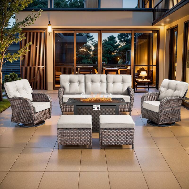 Pocassy Outdoor 43 In Fire Table with Sofa Swivel Chair Set - Brown Wicker Beige Cushion - 8-Piece Sofa Swivel Chair Ottoman with Fire Table
