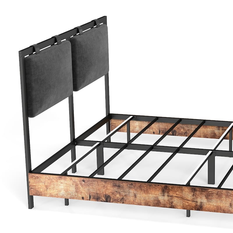 Floating Bed Frame with RGB LED Light Strip & Velvet Upholstered Hanging Headboard, Noise-Free Metal Slats Support, Black Brown