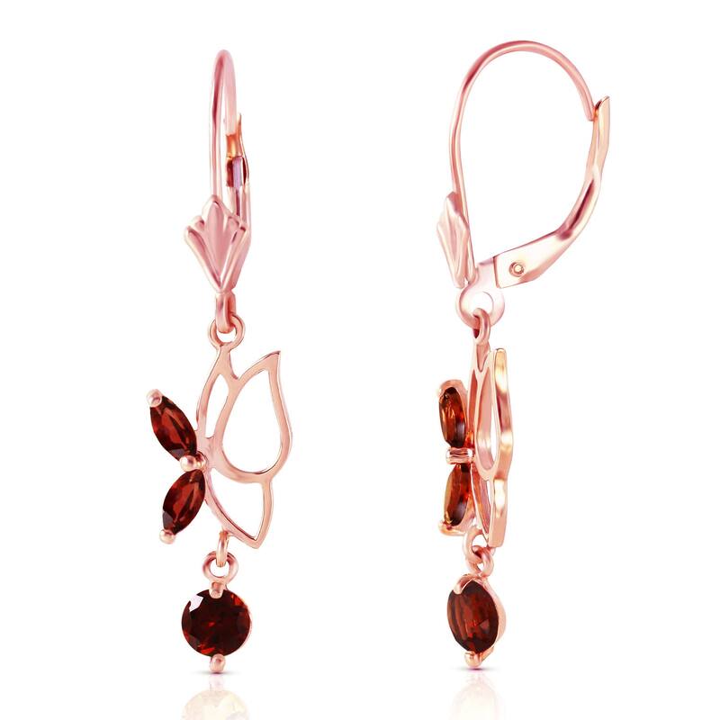 14K Solid Gold Butterfly Gemstone Earrings with Natural Garnets - Rose