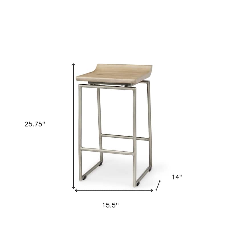 HomeRoots 25" Natural and Silver Solid Wood and Iron Low Back Counter Height Bar Chair