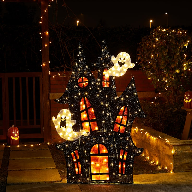 Glitzhome 5ft Pre-lit Halloween 2D Haunted House Outdoor Decor with 210 Warm White LED Lights