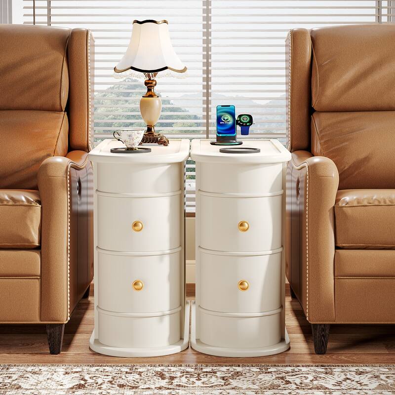 Wood End Table, Narrow Side Table Solid Side Table - 2 PCS - 2 Drawers-White