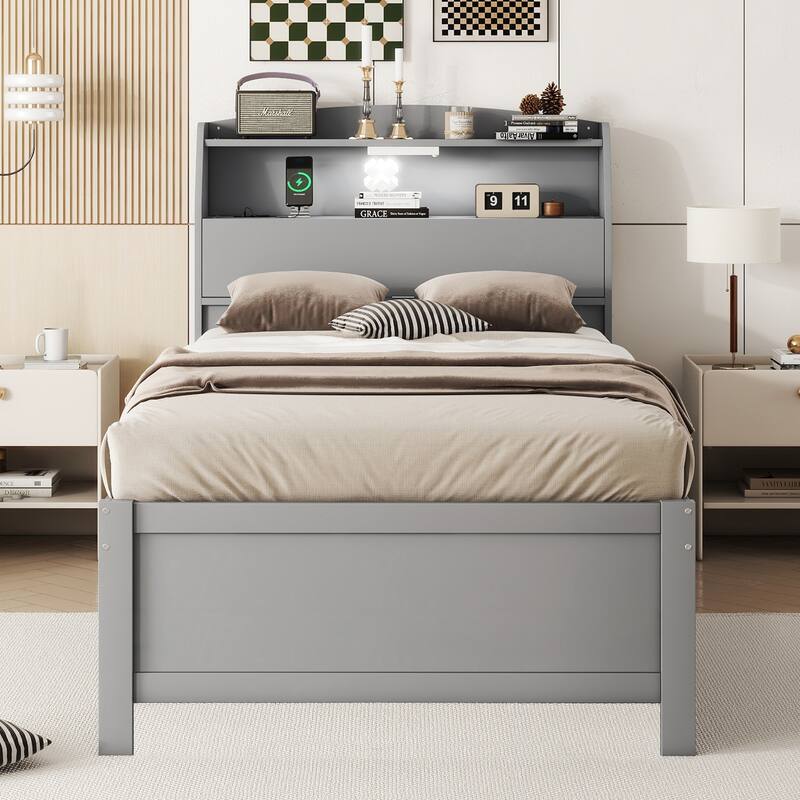 Roomfitters Wooden Platform Bed with Trundle, Headboard Storage and Accent Lighting