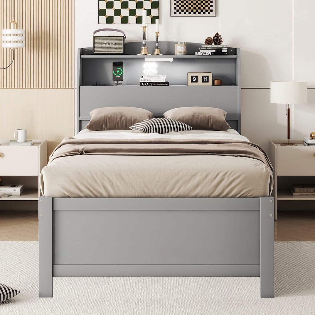 Twin Size Platform Bed with Bookcase Headboard & USB Ports Outlets, Wooden Storage LED Bed Frame with Trundle & Storage Drawers