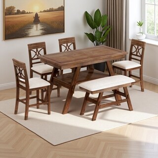 6-Piece Rustic Wood Counter Height Dining Set with Bench & 4 Chairs ...