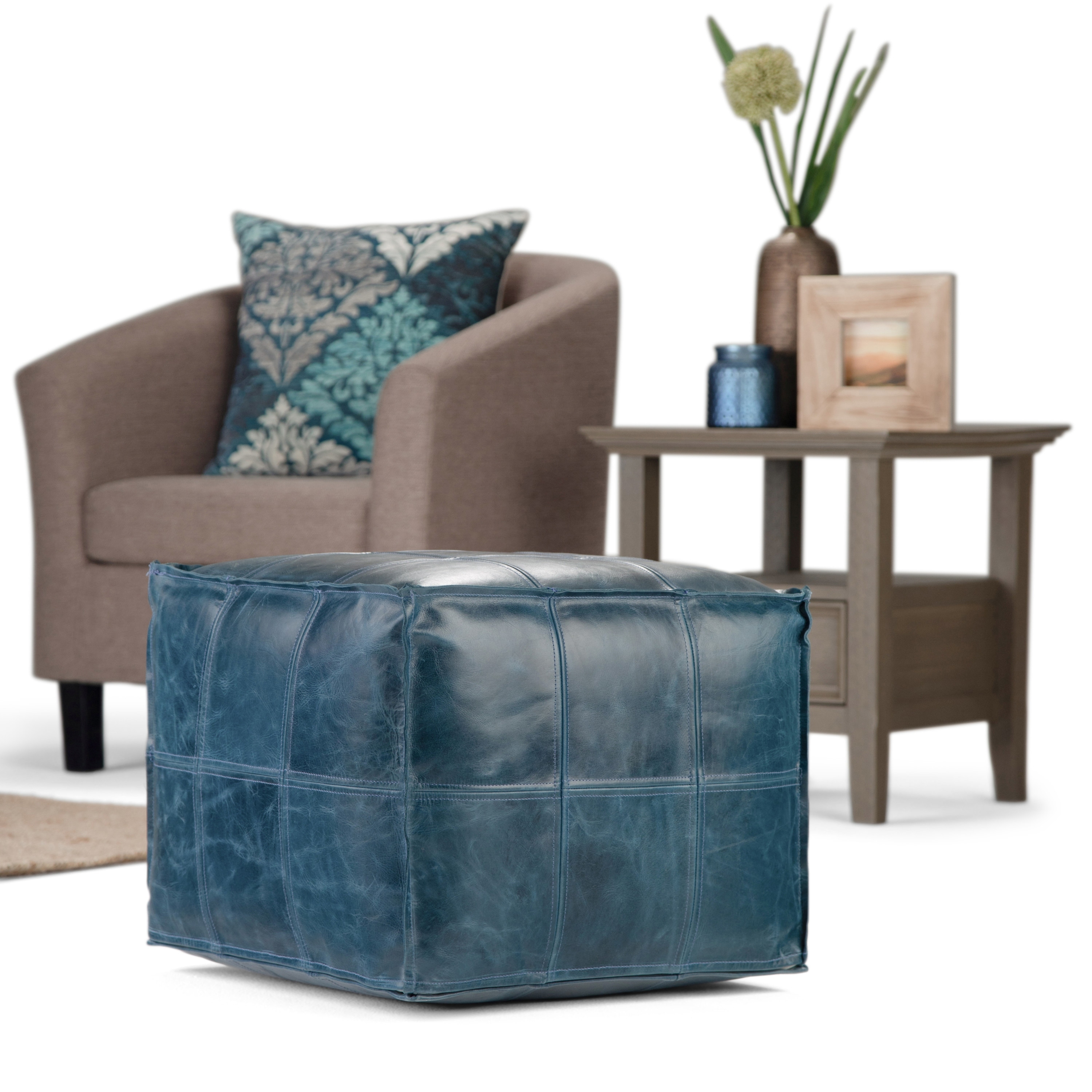 WYNDENHALL Rubin Boho Square Pouf in Teal Genuine Leather