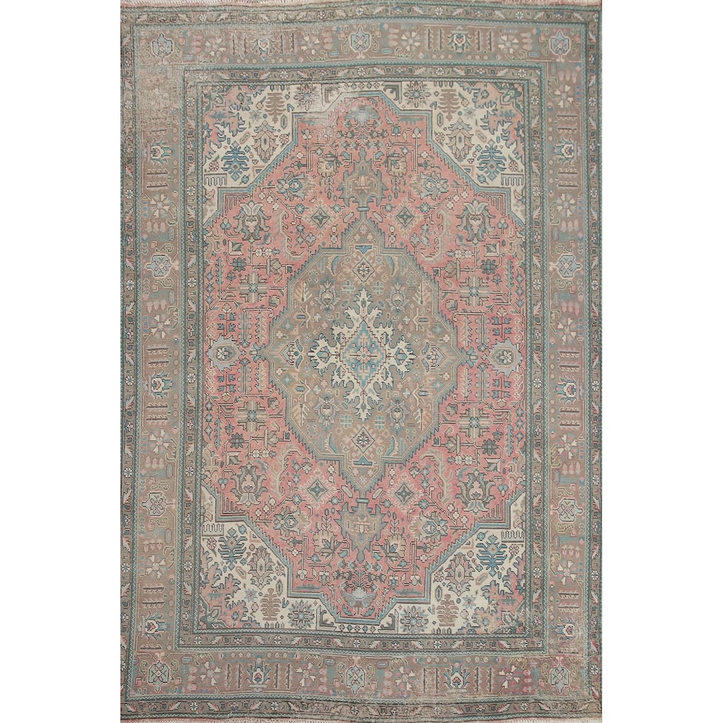 Hand Knotted Oriental 100% Wool Carpet Traditional Medallion Pink Tabriz Area Rug - 9' 7'' X 6' 7''