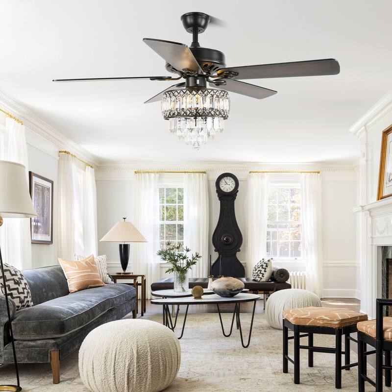 CurveCurio 52-inch Classic Ceiling Fan with Crystal Light Shade, 3 Light, Remote Control and Pull Chain Control for Living Room