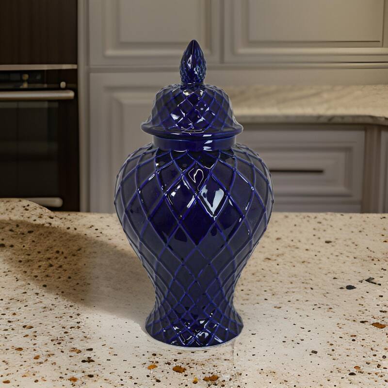 Livie 20 Inch Temple Ginger Jar, Geometric Design, Dome Lid, Ceramic, Blue