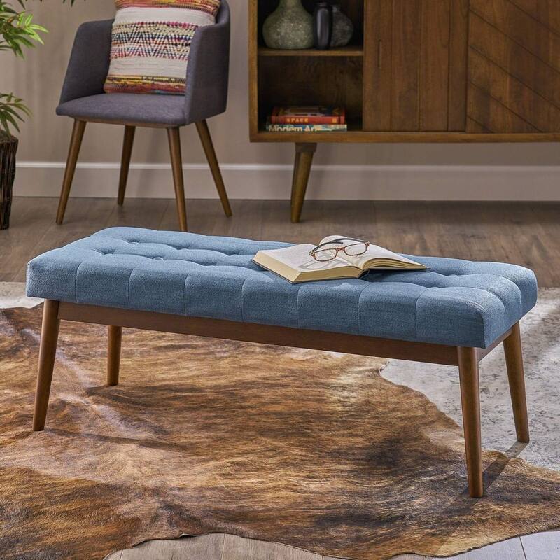 Mid-Century Tufted Ottoman with Rubberwood Frame by Christopher Knight Home