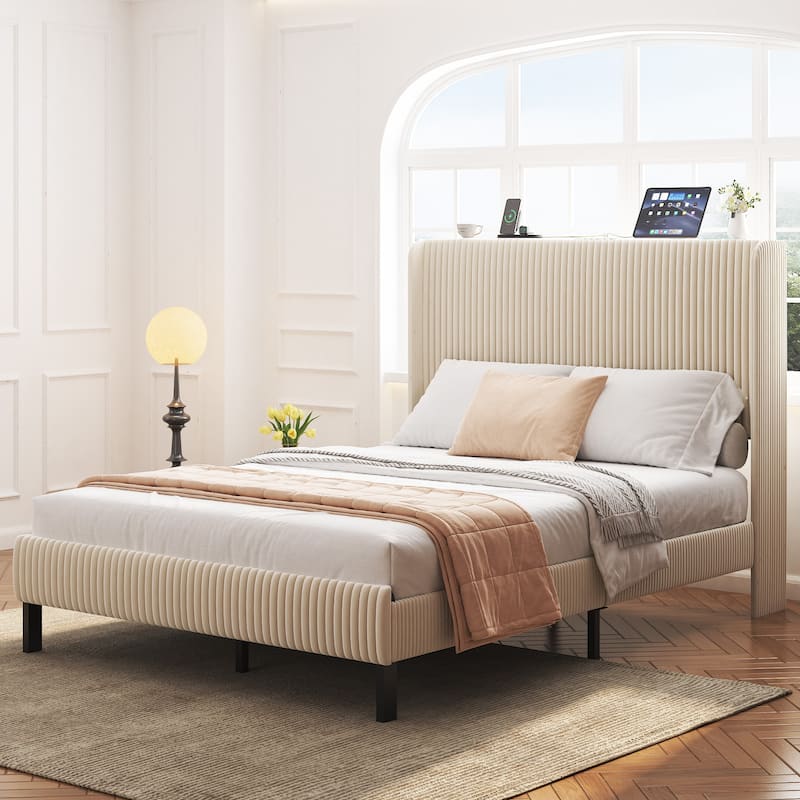 Full Size Platform Bed, Metal Bed Frame with Charging Station, No Box Spring Needed, Noise Free,Easy Assemble