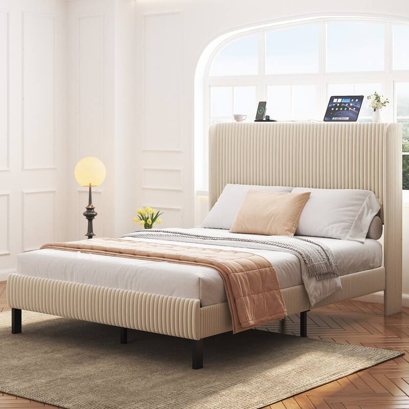 Platform Bed Frame with Charging Station & LED Light , Wingback Headboard, Under Bed Storage