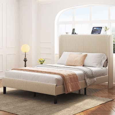 Upholstered Frame Bed Stripe Headboard Wingback Bed with Charging and Light Strip, No Box Spring Needed, Metal Slats Support