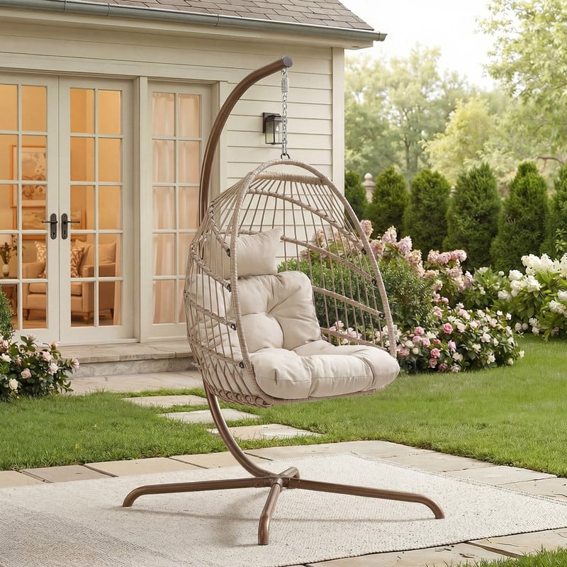 Oversized Wicker Hanging Egg Chair with Stand, Outdoor Indoor Swing Chair with Cushion, 350 lb Capacity - Beige