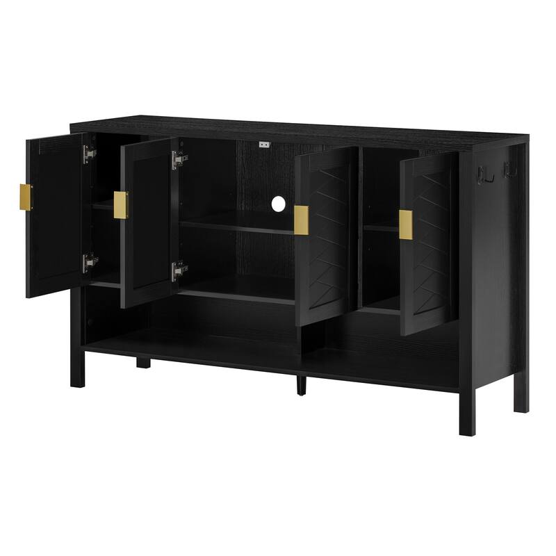 Sideboard Cabinet with Geometric Decorative Doors & Double Hooks, Buffet Cabinet with Open Shelf & 2-Tiers Adjustable Shelves