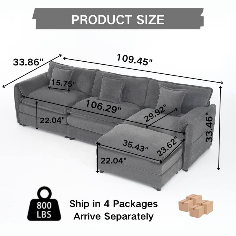 Modular Sofa DIY Combination Sofa for Living Room, Chenille Sectional Sofa Deep Seat Couch Set with Ottoman
