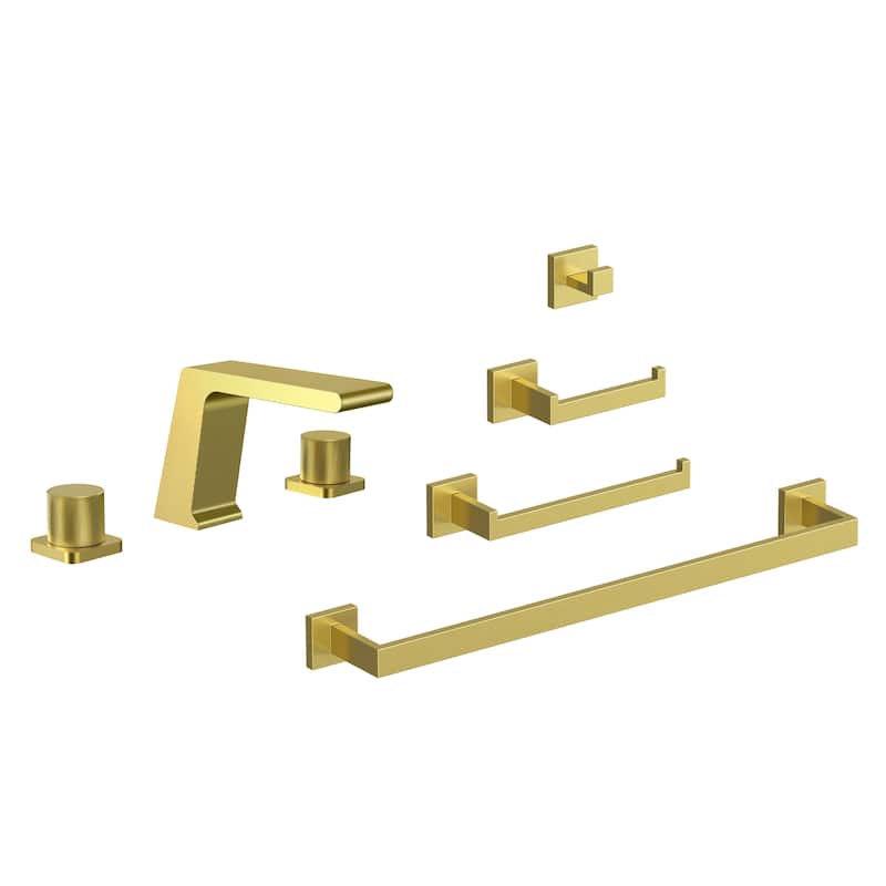 GRANDJOY 2-Handle Bathroom Faucet with 4-Piece Towel Bar Set Combo Kit - Brushed Gold