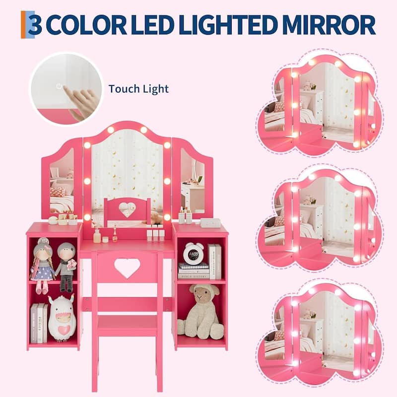 Kids Vanity Table, Princess Makeup Desk Set for Toddler