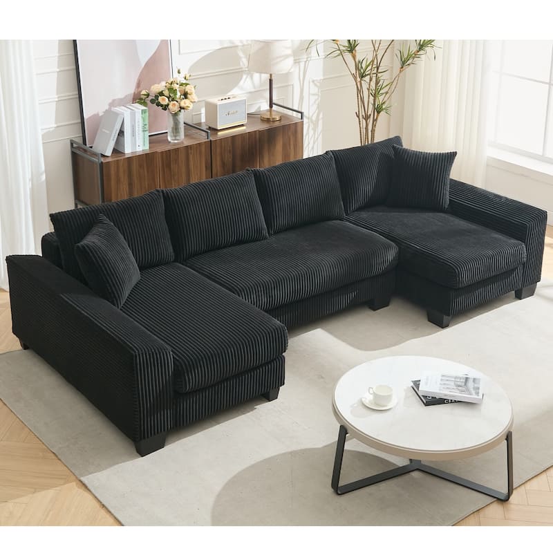 114" U-Shaped Corduroy Pull Out Sleeper Bed Sofa Chaise with Pillows - Black