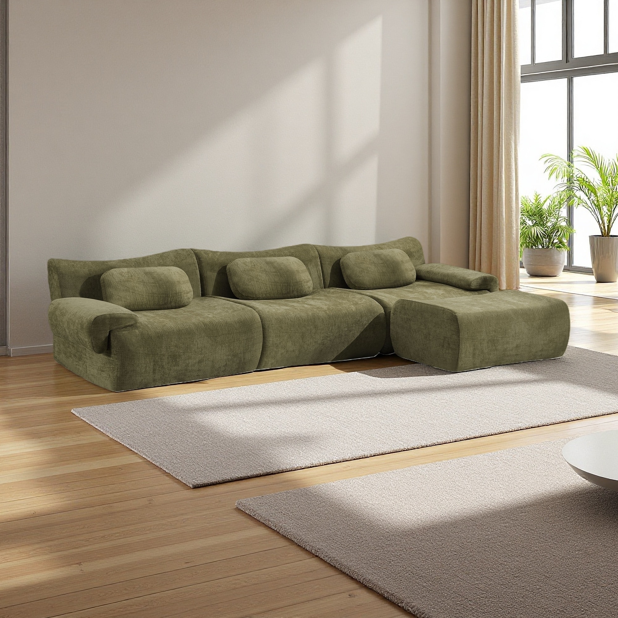 117" Chenille Modular Compression Sectional Sofa with Bamboo Joint Shape and 3 Pillows