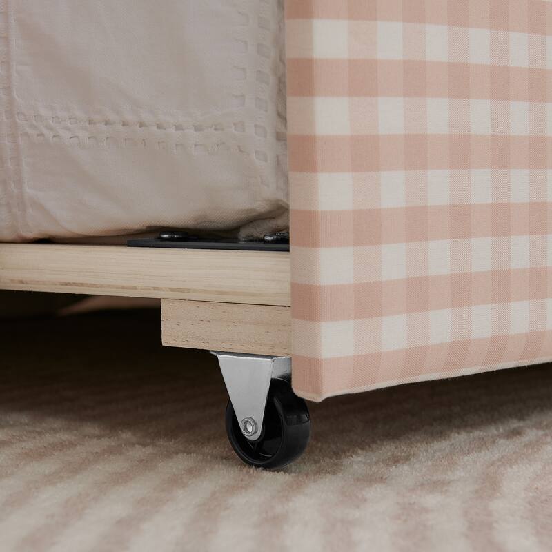 Linen Fabric Gingham Daybed with Trundle, Twin Size Sofa Bed with USB Port and Adorable Wave Shaped Headboard