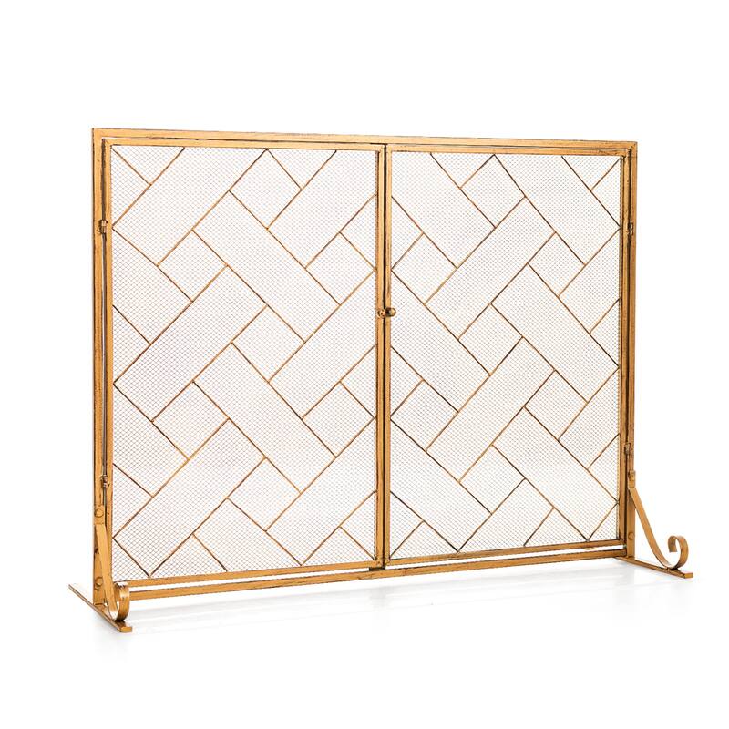 3-Panel Folding Wrought Iron Fireplace Screen with Doors and 4 Pieces Tools Set - 44.5" x 16" x 33.5" (L x W x H)