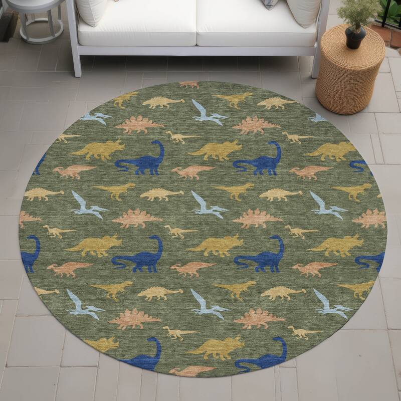 Machine Washable Indoor/ Outdoor Modern Dinosaur Chantille Rug - Olive - 8' x 8'