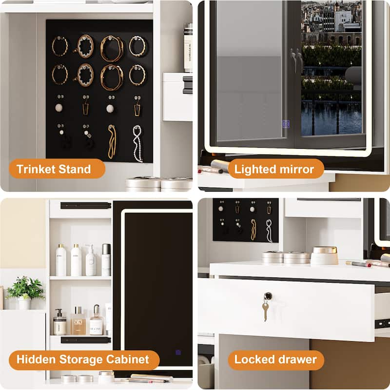 Vanity Desk Set with Sliding Lighted Mirror, Makeup Dressing Table