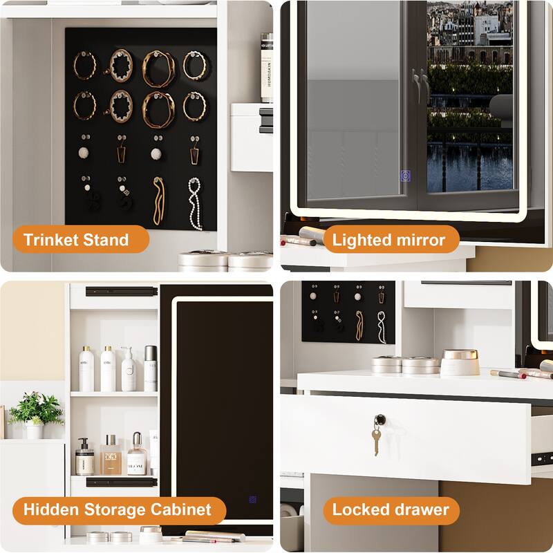 White Vanity Desk Set with Sliding LED Lighted Mirror, Makeup Dressing Table with Padded Stool