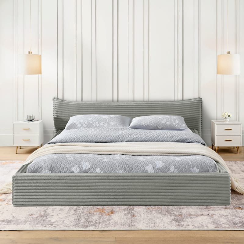 Platform Bed with Curved Headboard and Solid Wood Frame, Ergonomics Upholstered Bed Frame
