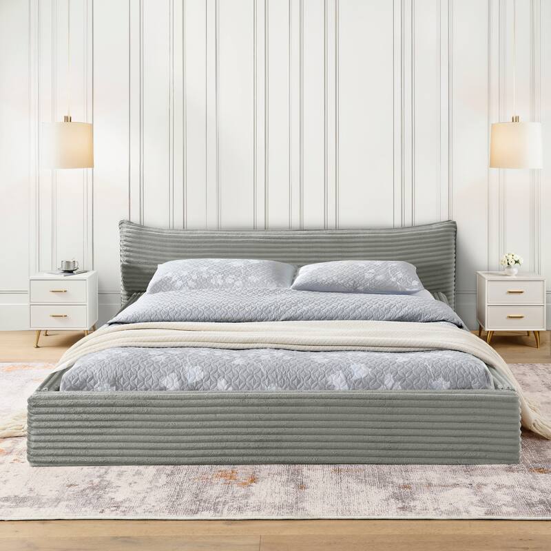 Queen Size Upholstered Bed Frame Velvet Fabric Grounded Platform with Curved Headboard Solid Wood No Box Spring