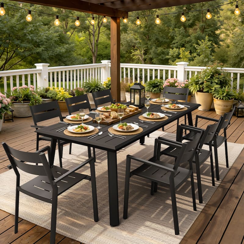 7/9/11/13-Piece Patio Dining Set Outdoor All-Weather Aluminum Dining Table with Umbrella Hole and Stackable Chairs - Set of 9 - with armchair