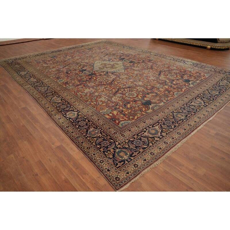 Hand Knotted Oriental 100% Wool Carpet Traditional Floral Oranges & Rust Tabriz Area Rug - 14' 6'' X 10' 11''