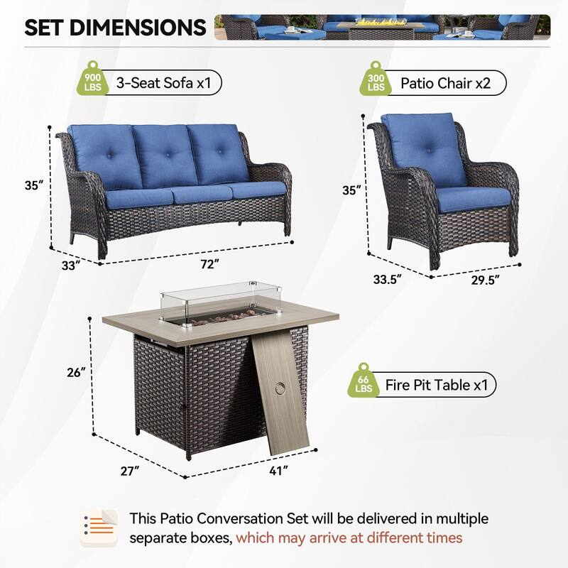 Gymojoy 4-Piece Outdoor Wicker Furniture Set, 2 Patio Chairs, 3-Seat Sofa & Fire Pit Table
