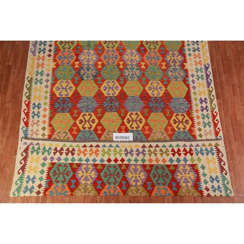 Colorful Kilim Oriental Area Rug Hand-Woven Wool Carpet - 8'7"x 11'1"