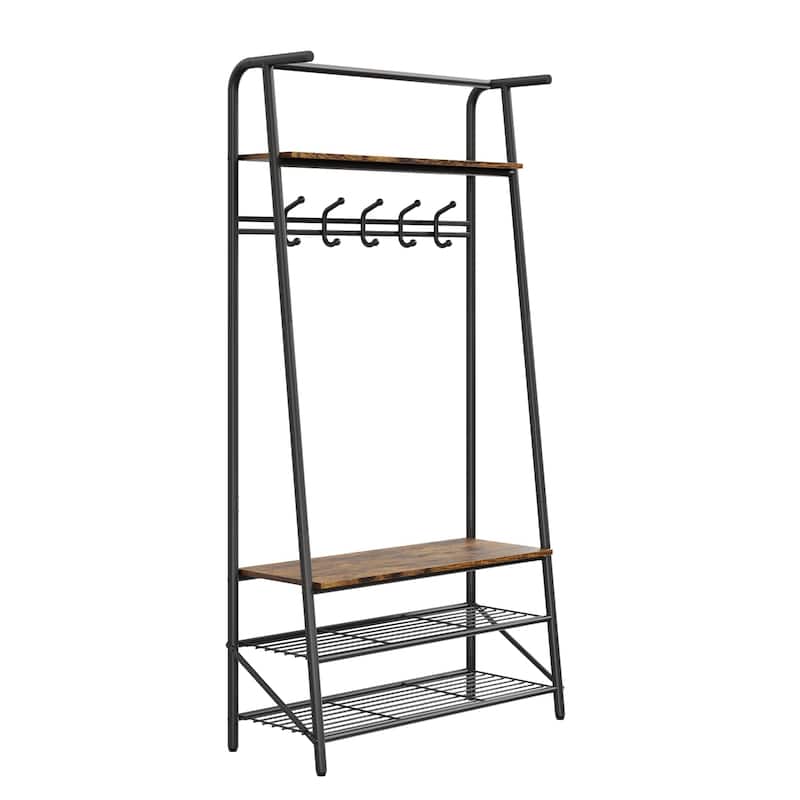 Rustic 4-in-1 Hall Tree Bench with Shoe Rack, Storage Shelf, and 5 C-Shaped Hooks in Brown & Black - 31.5*12.8*71.2in