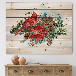 Designart 'Christmas Poinsettia and Red Cardinal Bird' Traditional Print on Natural Pine Wood