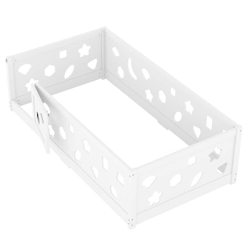 Solid Wood Montessori Floor Bed Frame without Slats, Wooden Geometric Shaped Floor Bed with Fence and Door