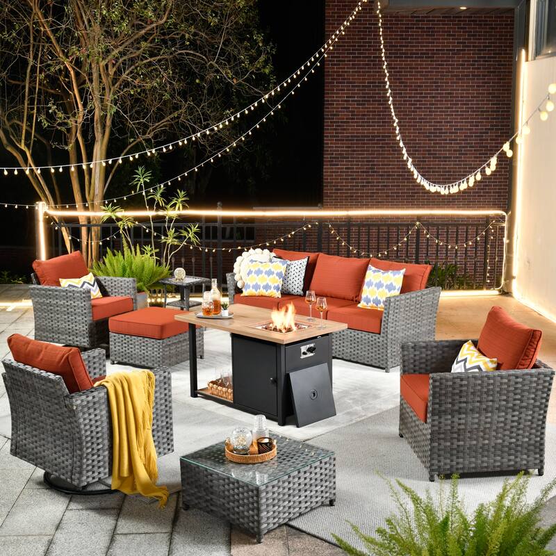 HOOOWOOO 10-piece Outdoor Grey Wicker Patio Furniture Set with Fire Pit Table - Red/Orange