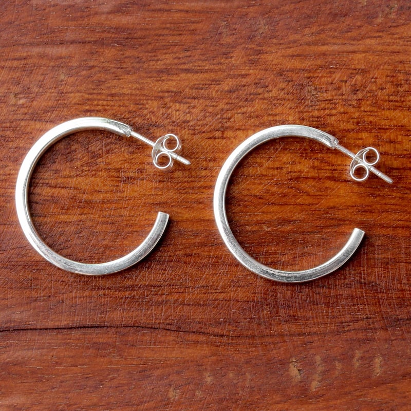 Handmade Sterling Silver 'Glistening Halves' Hoop Earrings (Thailand) - 25mm W * 25mm L