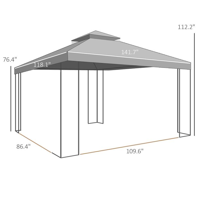 Outdoor Patio Gazebo Charcoal Gray Steel Frame with UV-Resistant Two-Tier Polyester Canopy, Mesh Netting - Grey