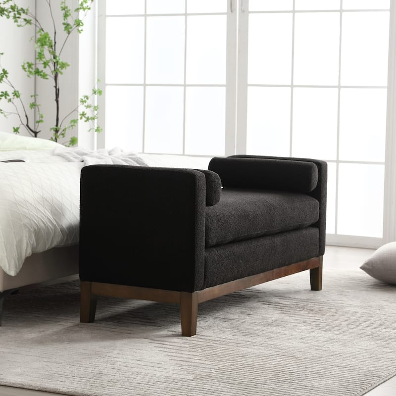 Modern Boucle Upholstered Bedroom Bench With Wood Legs,Entryway Bench