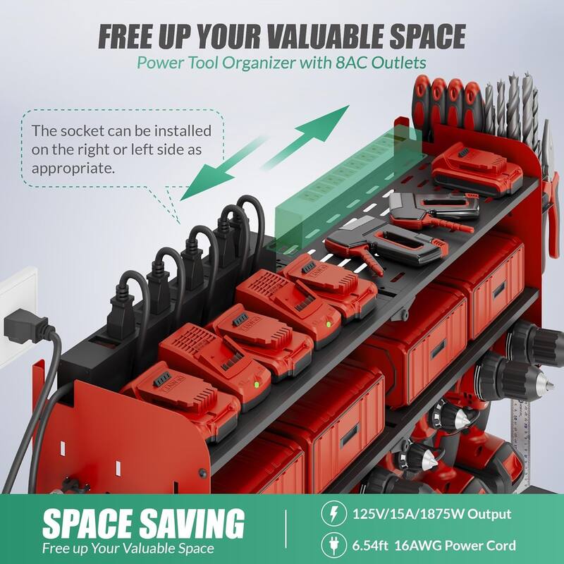 Power Tool Organizer with Charging Station Garage 8 Drill Holders Wall Mount with 8 Outlets Power Strip