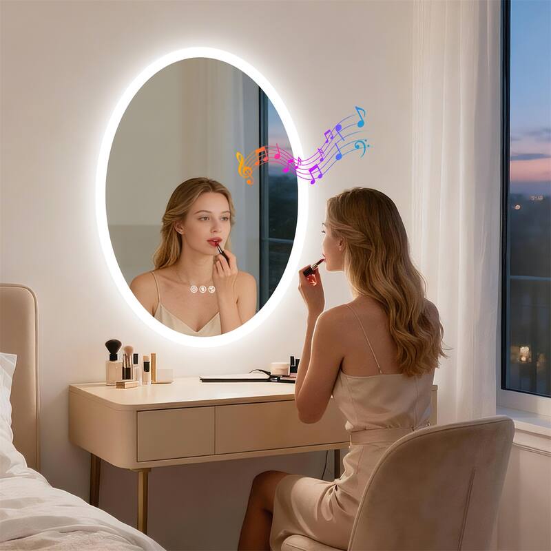 Bluetooth Lighted Bathroom Mirror Oval LED with Double NdFeB Speakers Wall Vanity Mirror - 23.62x31.50